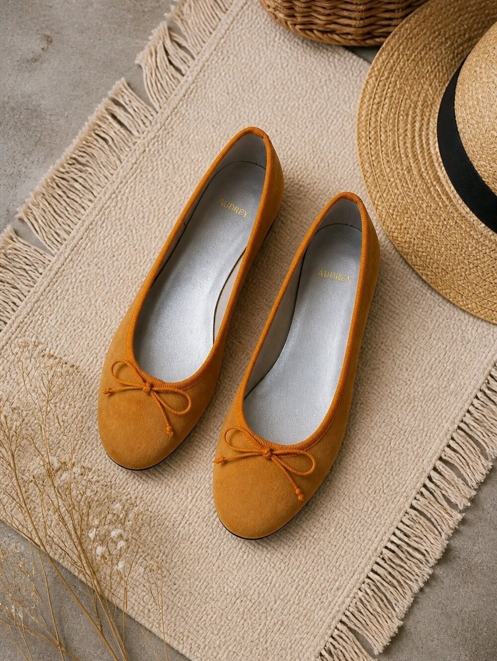 Italian NIB Mustard Orange Suede Ballet Flats with Ribbon & Bow Detail Sz 5-1/2